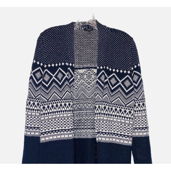 Talbots Cardigan Womens XS Navy Blue White Fair Isle Open Sweater - Picture 2 of 4
